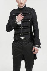 Veste gothique vintage pour homme en soie noire à col montant imprimé, boutonnage métallique croisé, fermeture éclair arrière fendue